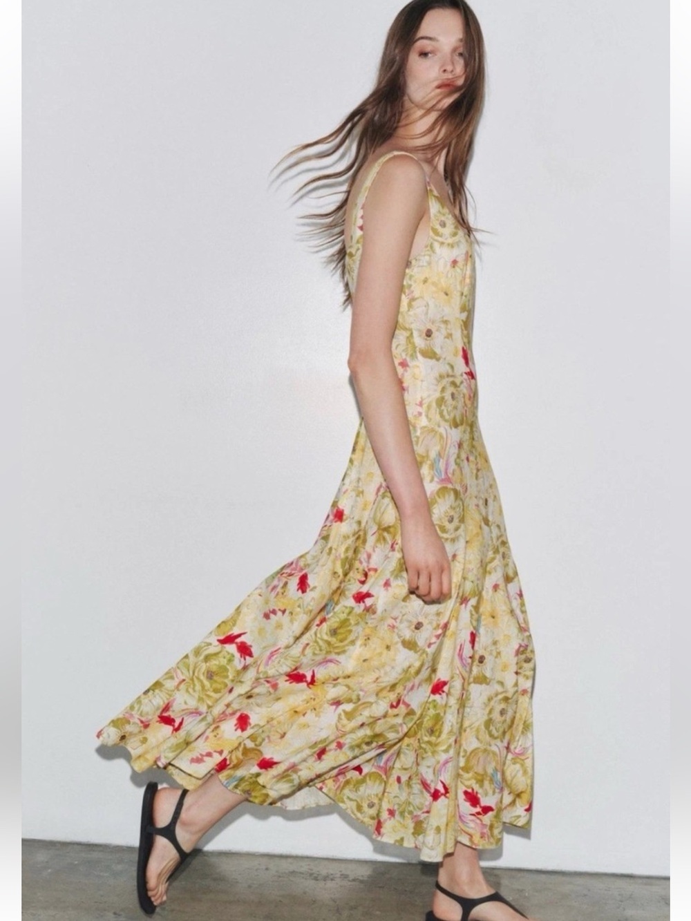NWT Zara Linen Blend Yellow Dress ZW Collection Floral Wedding Guest M - Picture 6 of 16
